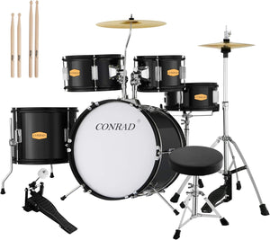 CONRAD Drum Set  22 inch for Adults, 5 Piece Full Size Drum Kit Junior Beginner with Pedal Cymbals Stands Stool and Sticks, Mirror Black